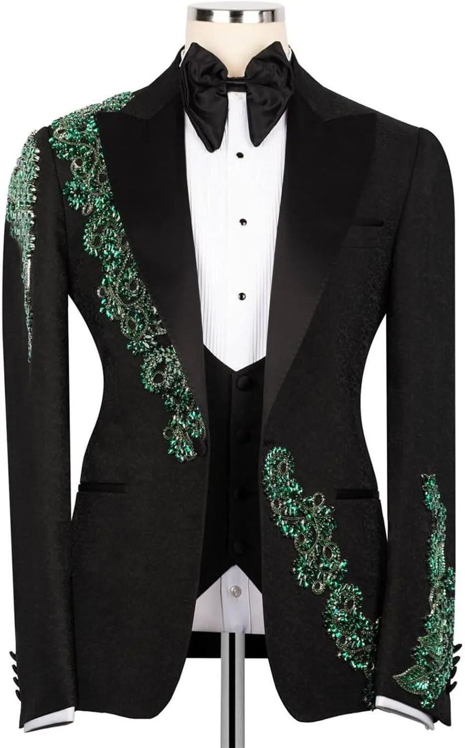 Mens Suit 2 Piece Slim Fit Floral Applique Handmade Custom Blazer Jacket Pants Tuxedo Set for Dinner,Prom,Wedding