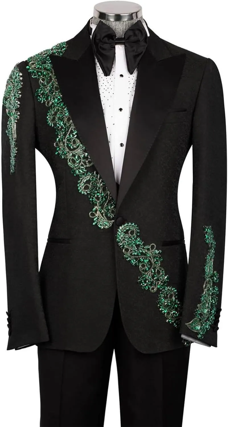 Mens Suit 2 Piece Slim Fit Floral Applique Handmade Custom Blazer Jacket Pants Tuxedo Set for Dinner,Prom,Wedding