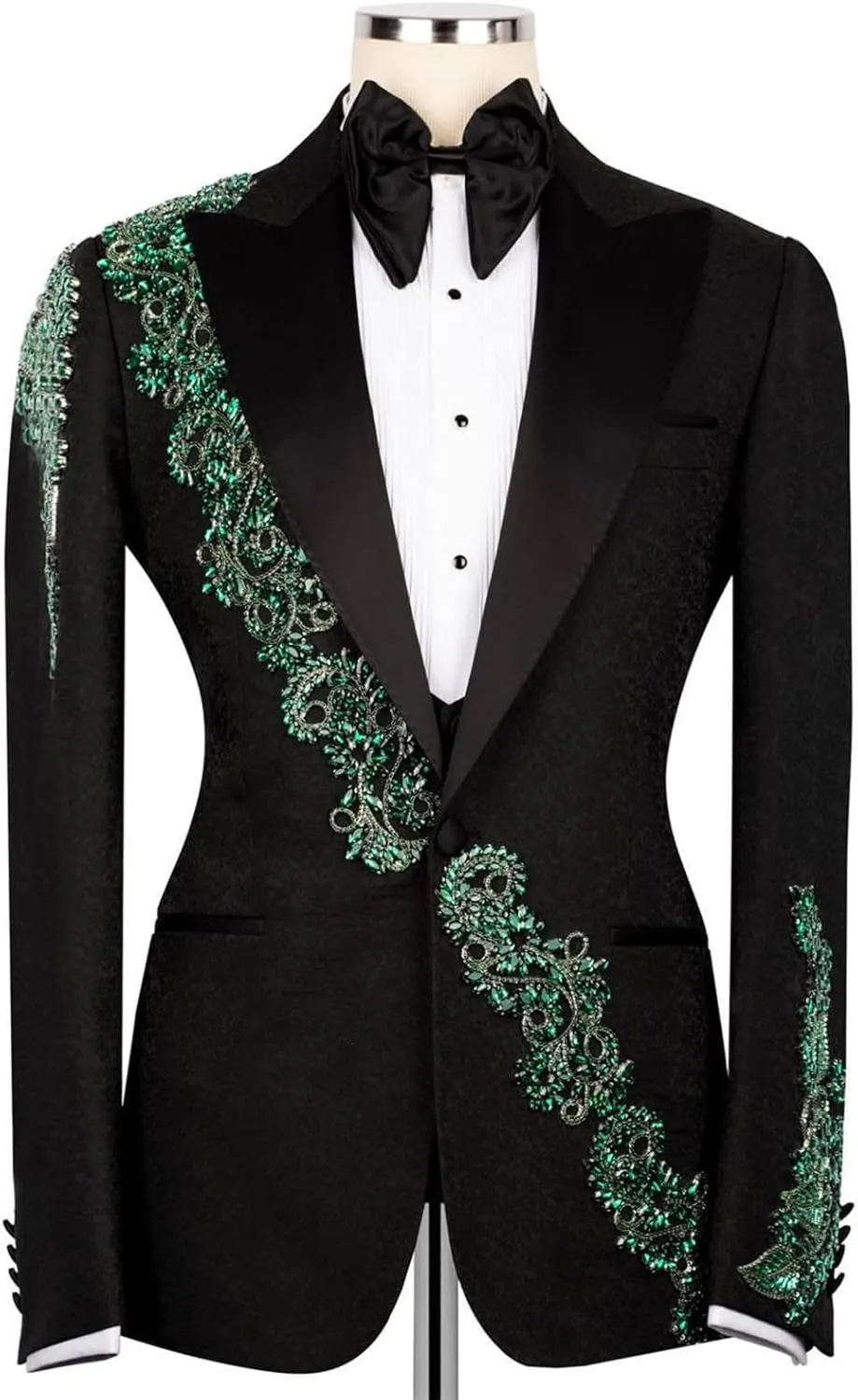 Mens Suit 2 Piece Slim Fit Floral Applique Handmade Custom Blazer Jacket Pants Tuxedo Set for Dinner,Prom,Wedding