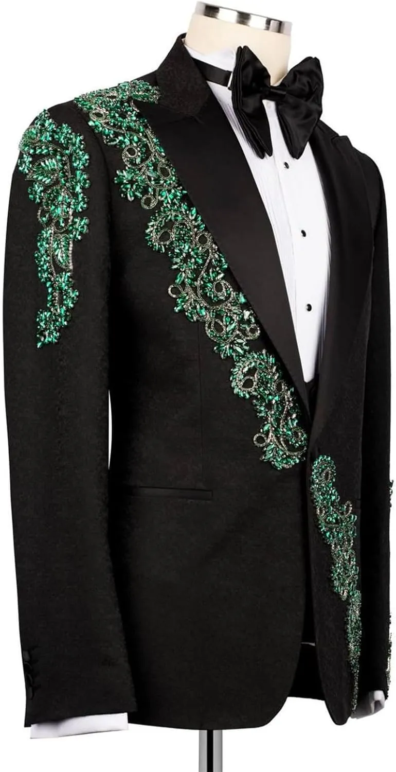 Mens Suit 2 Piece Slim Fit Floral Applique Handmade Custom Blazer Jacket Pants Tuxedo Set for Dinner,Prom,Wedding