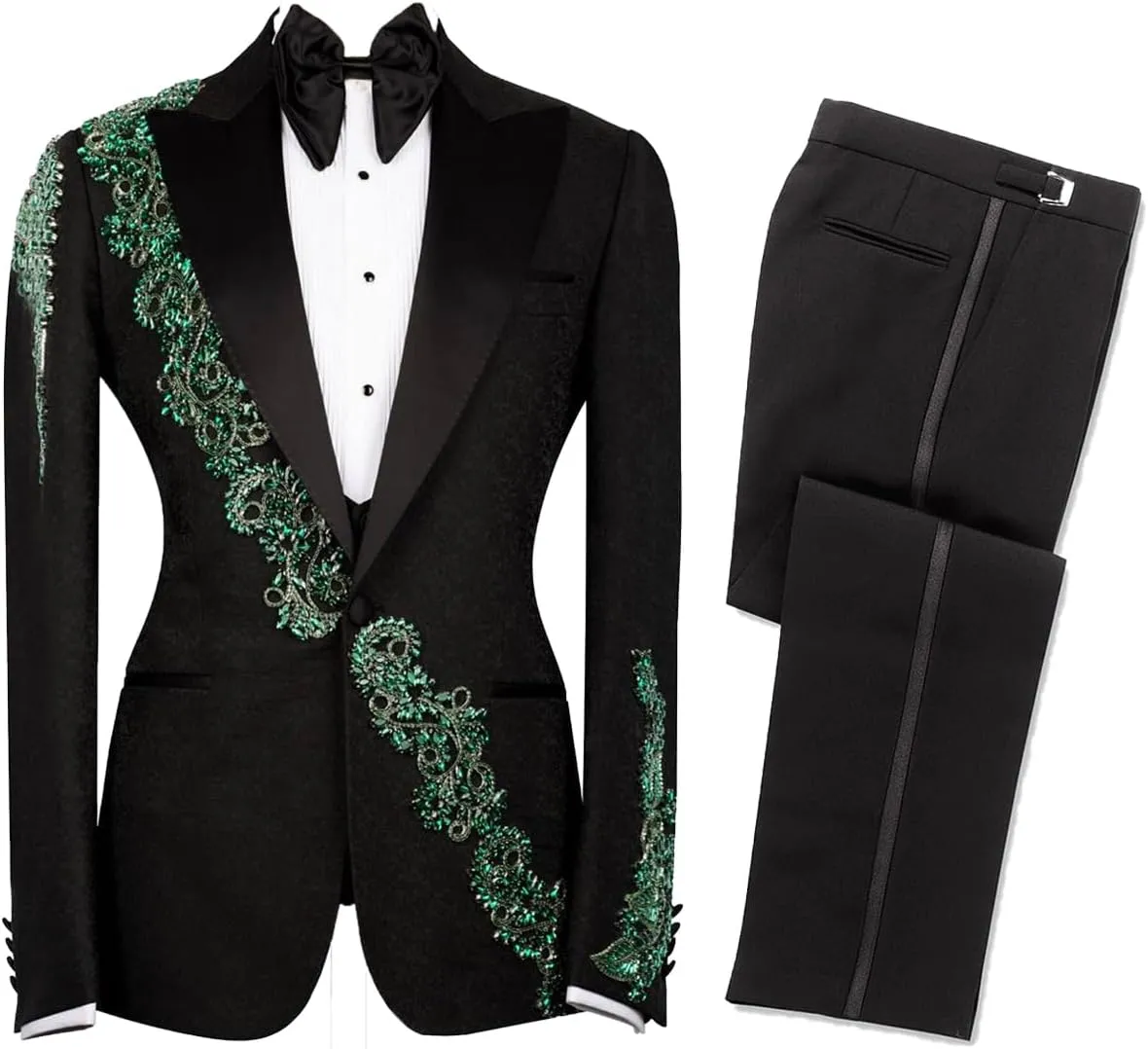 Mens Suit 2 Piece Slim Fit Floral Applique Handmade Custom Blazer Jacket Pants Tuxedo Set for Dinner,Prom,Wedding