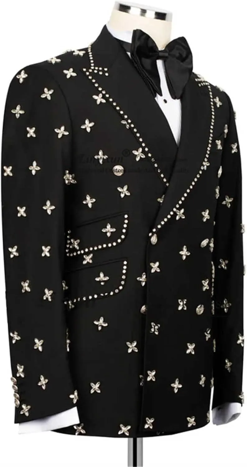 Mens Suit Shiny Diamond 2 Piece Slim Fit Floral Pattern Blazer Jacket Pants Tuxedo Set for Dinner,Prom,Wedding