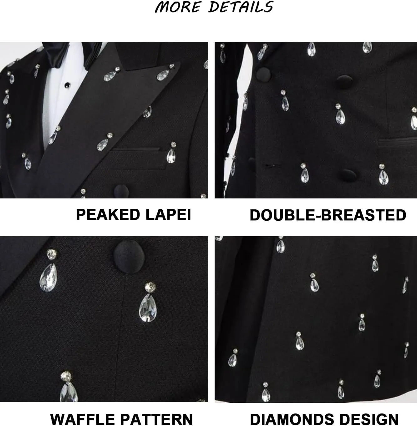 Men's Suits 2 Piece Slim Fit Peaked Lapel Droplet Crystal Blazer Jacket Pants Tuxedo Set for Dinner,Prom,Wedding