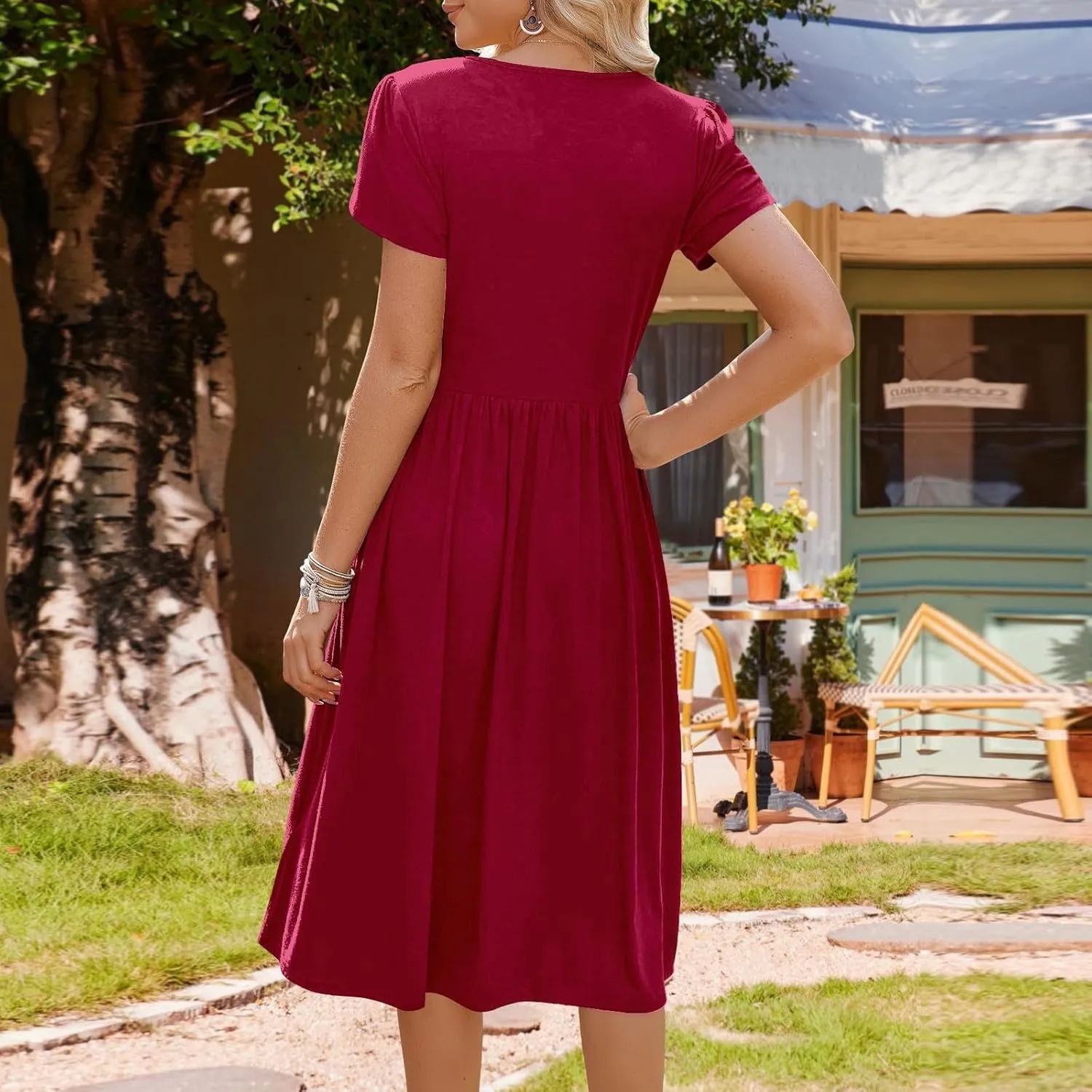 Midi Dresses for Women Short Sleeve Summer Casual Sundress A Line Wrap Elegant Crew Neck T Shirt Dress with Pockets