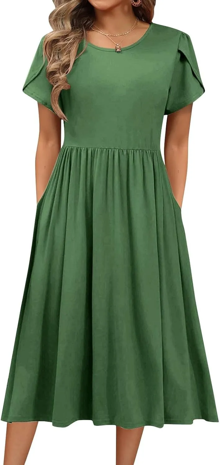Midi Dresses for Women Short Sleeve Summer Casual Sundress A Line Wrap Elegant Crew Neck T Shirt Dress with Pockets