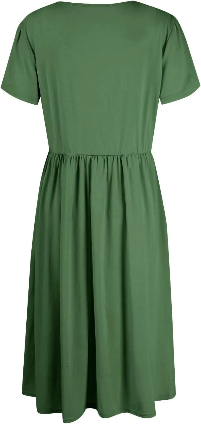 Midi Dresses for Women Short Sleeve Summer Casual Sundress A Line Wrap Elegant Crew Neck T Shirt Dress with Pockets