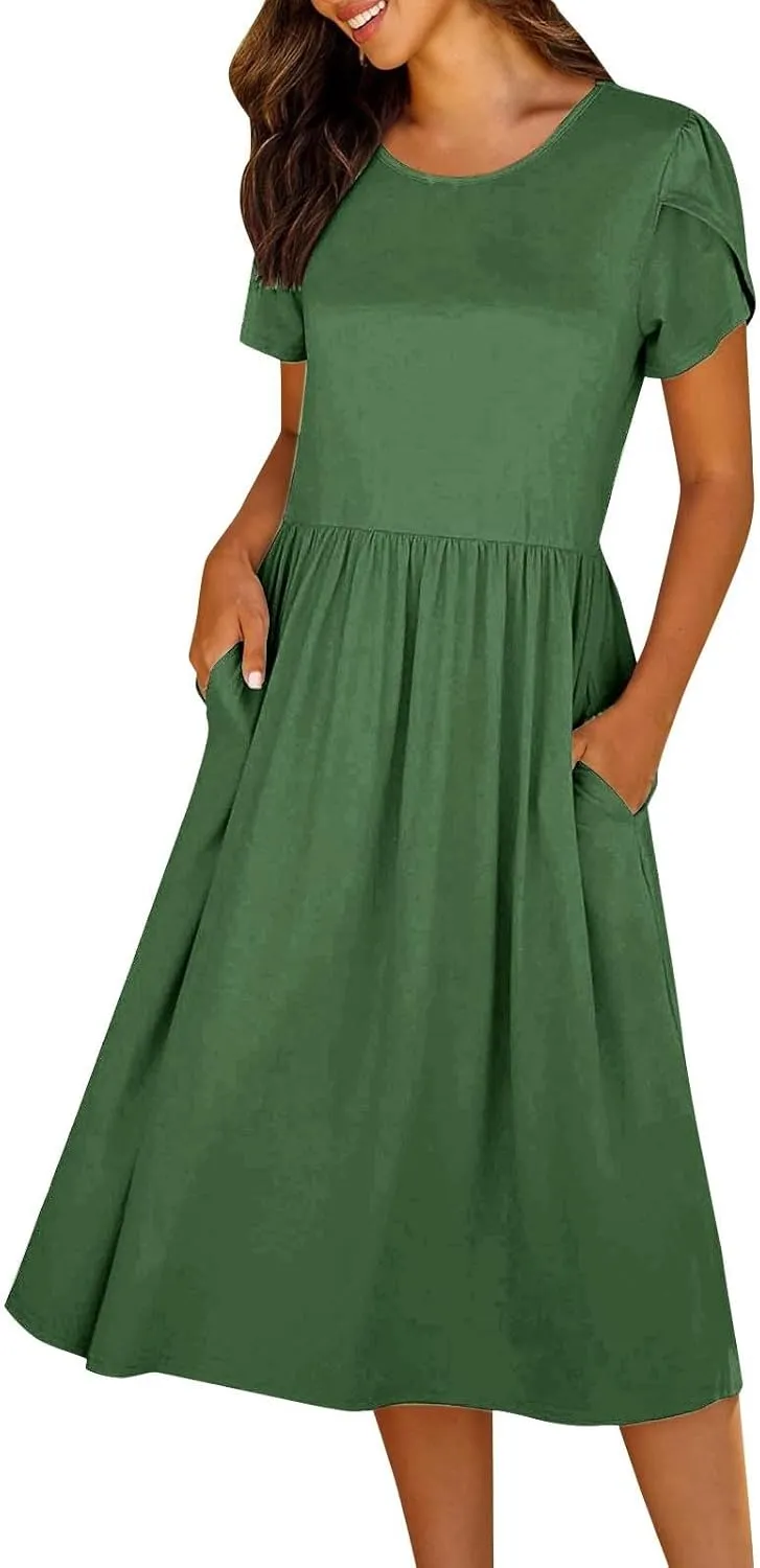 Midi Dresses for Women Short Sleeve Summer Casual Sundress A Line Wrap Elegant Crew Neck T Shirt Dress with Pockets