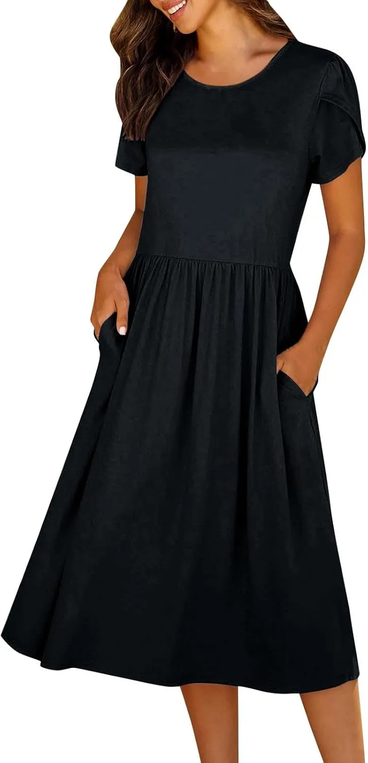 Midi Dresses for Women Short Sleeve Summer Casual Sundress A Line Wrap Elegant Crew Neck T Shirt Dress with Pockets
