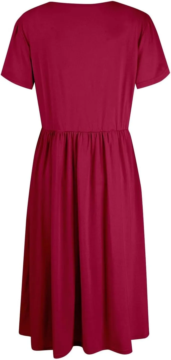 Midi Dresses for Women Short Sleeve Summer Casual Sundress A Line Wrap Elegant Crew Neck T Shirt Dress with Pockets