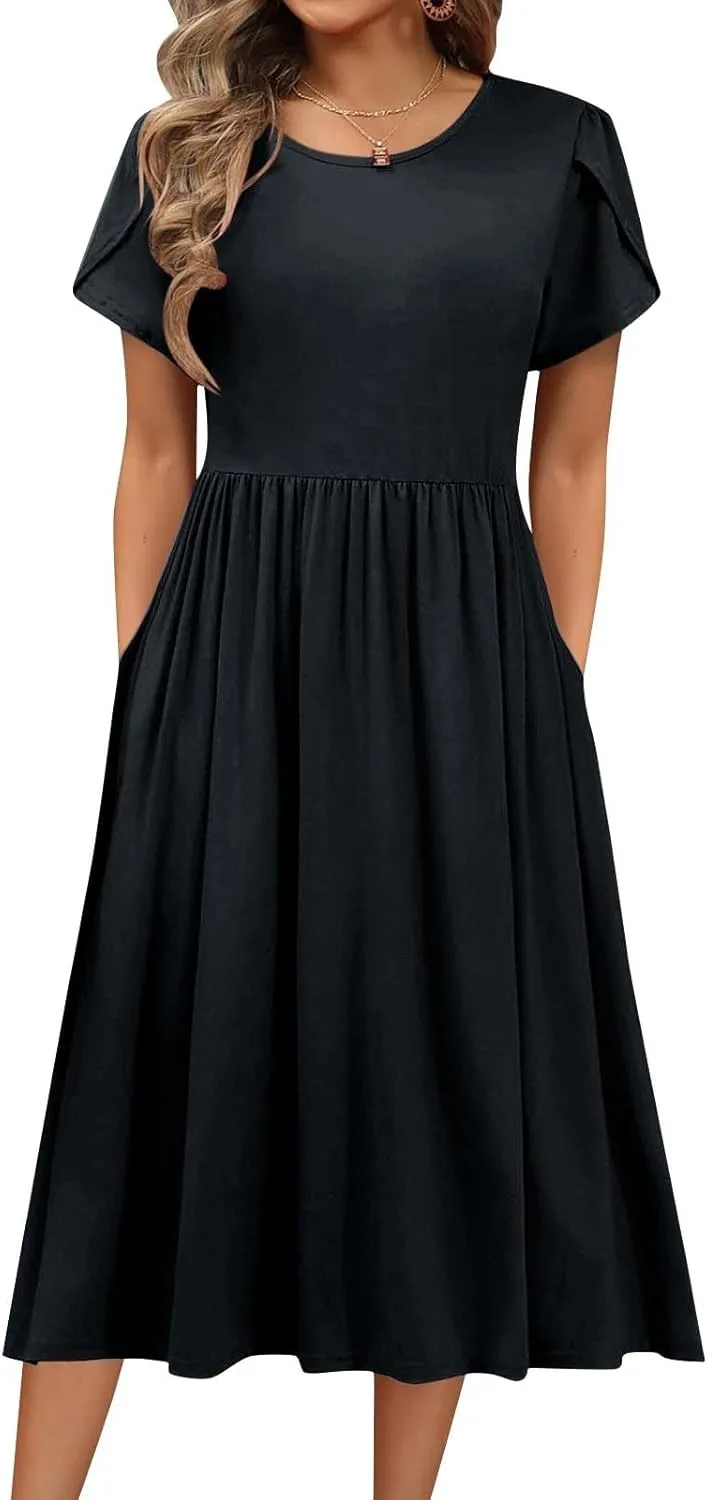 Midi Dresses for Women Short Sleeve Summer Casual Sundress A Line Wrap Elegant Crew Neck T Shirt Dress with Pockets