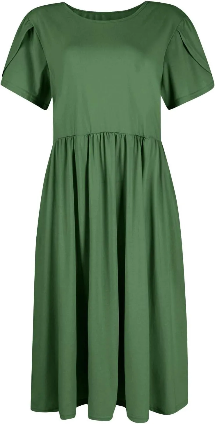 Midi Dresses for Women Short Sleeve Summer Casual Sundress A Line Wrap Elegant Crew Neck T Shirt Dress with Pockets
