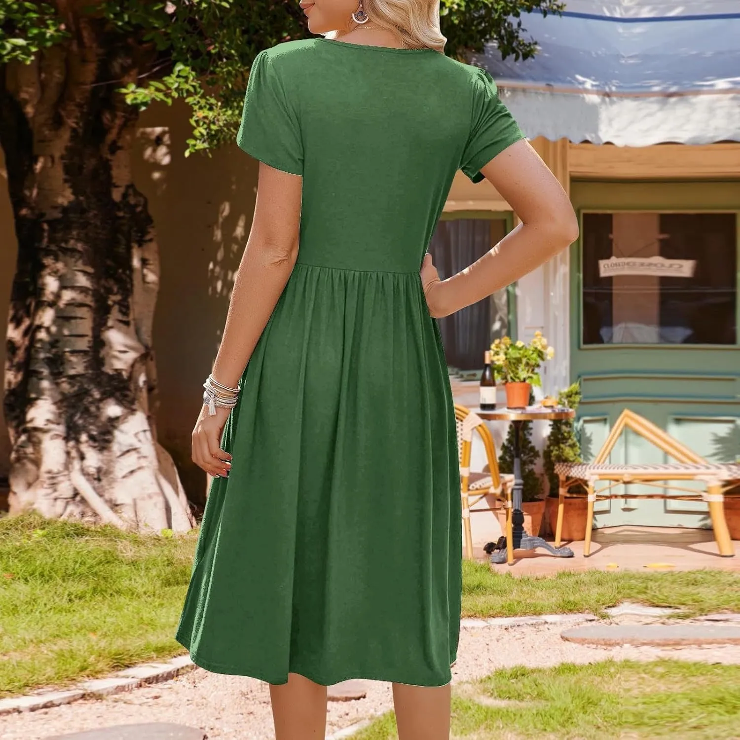 Midi Dresses for Women Short Sleeve Summer Casual Sundress A Line Wrap Elegant Crew Neck T Shirt Dress with Pockets