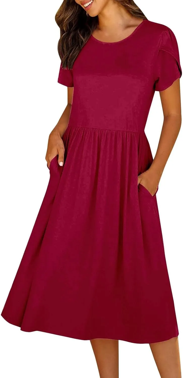 Midi Dresses for Women Short Sleeve Summer Casual Sundress A Line Wrap Elegant Crew Neck T Shirt Dress with Pockets