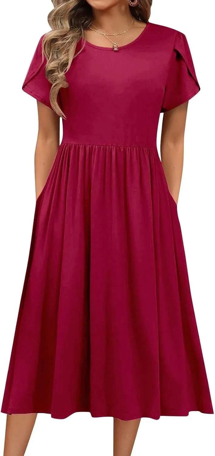 Midi Dresses for Women Short Sleeve Summer Casual Sundress A Line Wrap Elegant Crew Neck T Shirt Dress with Pockets