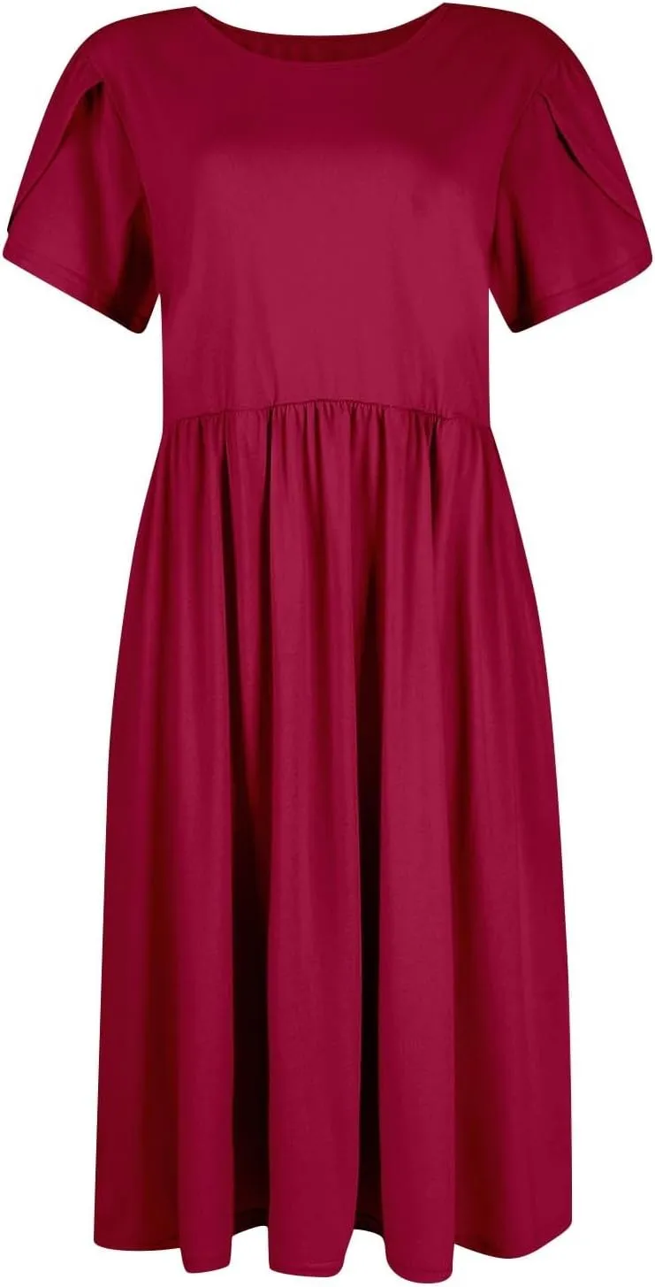Midi Dresses for Women Short Sleeve Summer Casual Sundress A Line Wrap Elegant Crew Neck T Shirt Dress with Pockets