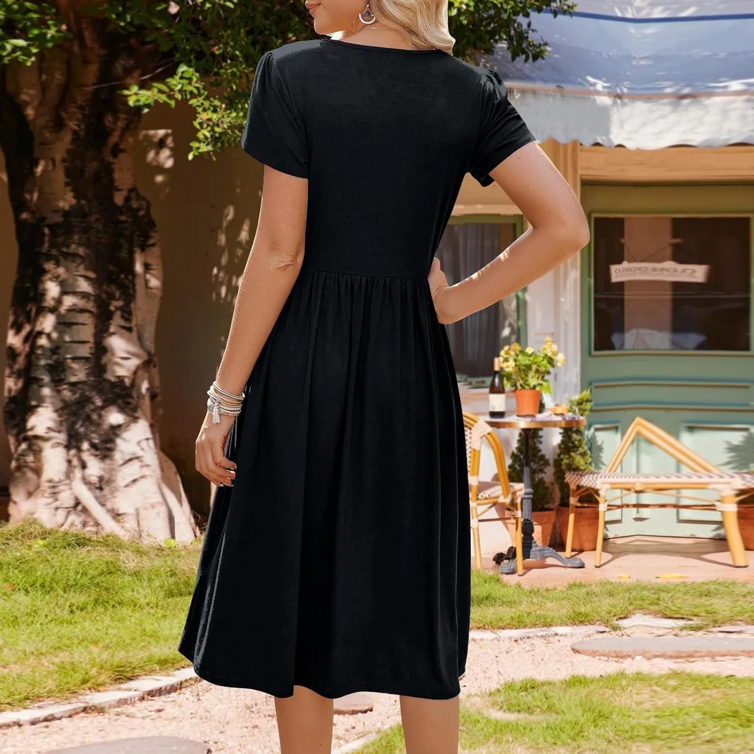 Midi Dresses for Women Short Sleeve Summer Casual Sundress A Line Wrap Elegant Crew Neck T Shirt Dress with Pockets