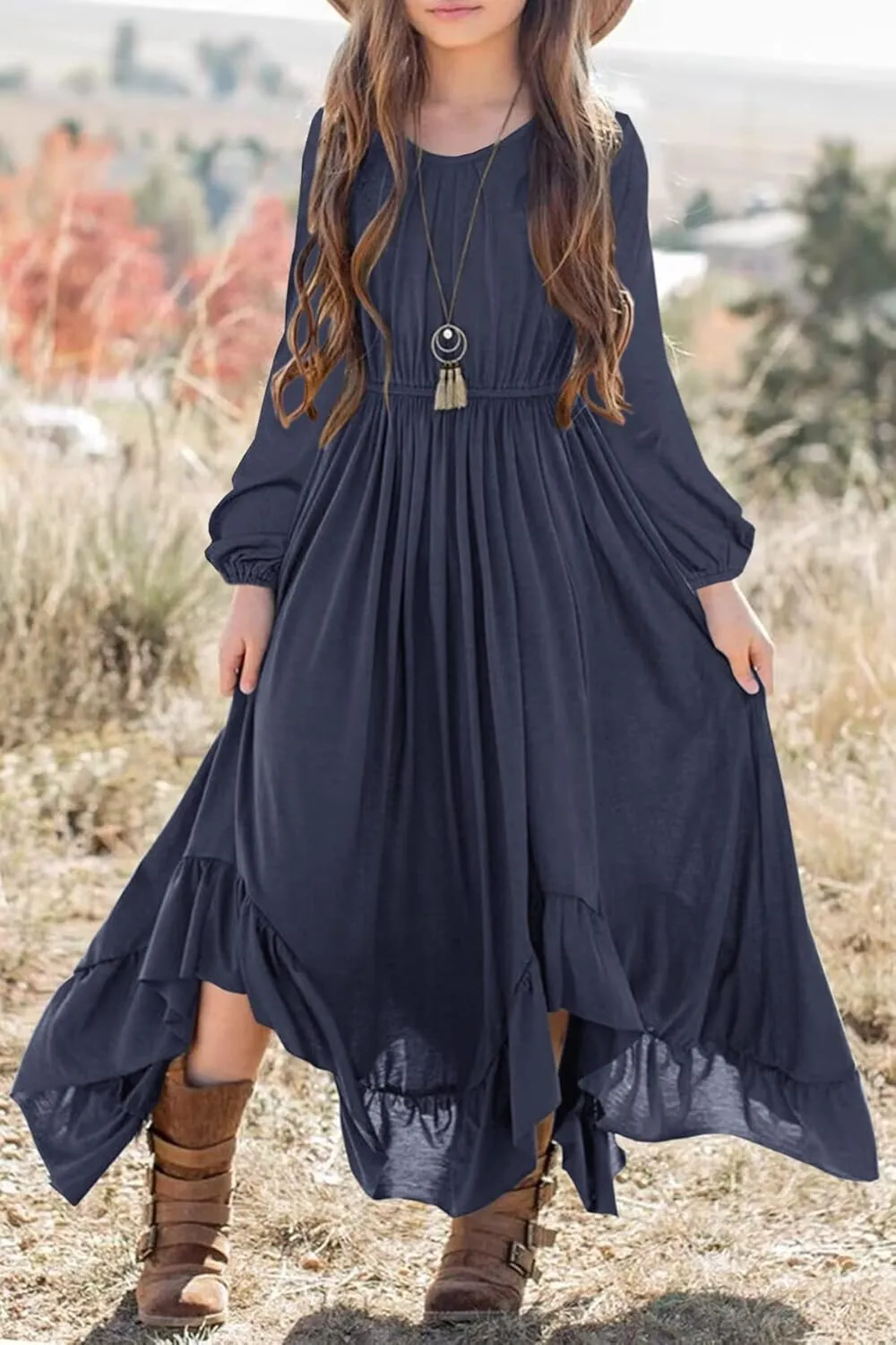 MITILLY Girls Boho Lace Flower Backless Crew Neck Long Sleeve Ruffle Swing Maxi Dress with Pockets