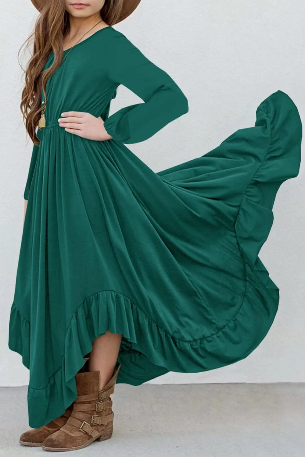 MITILLY Girls Boho Lace Flower Backless Crew Neck Long Sleeve Ruffle Swing Maxi Dress with Pockets