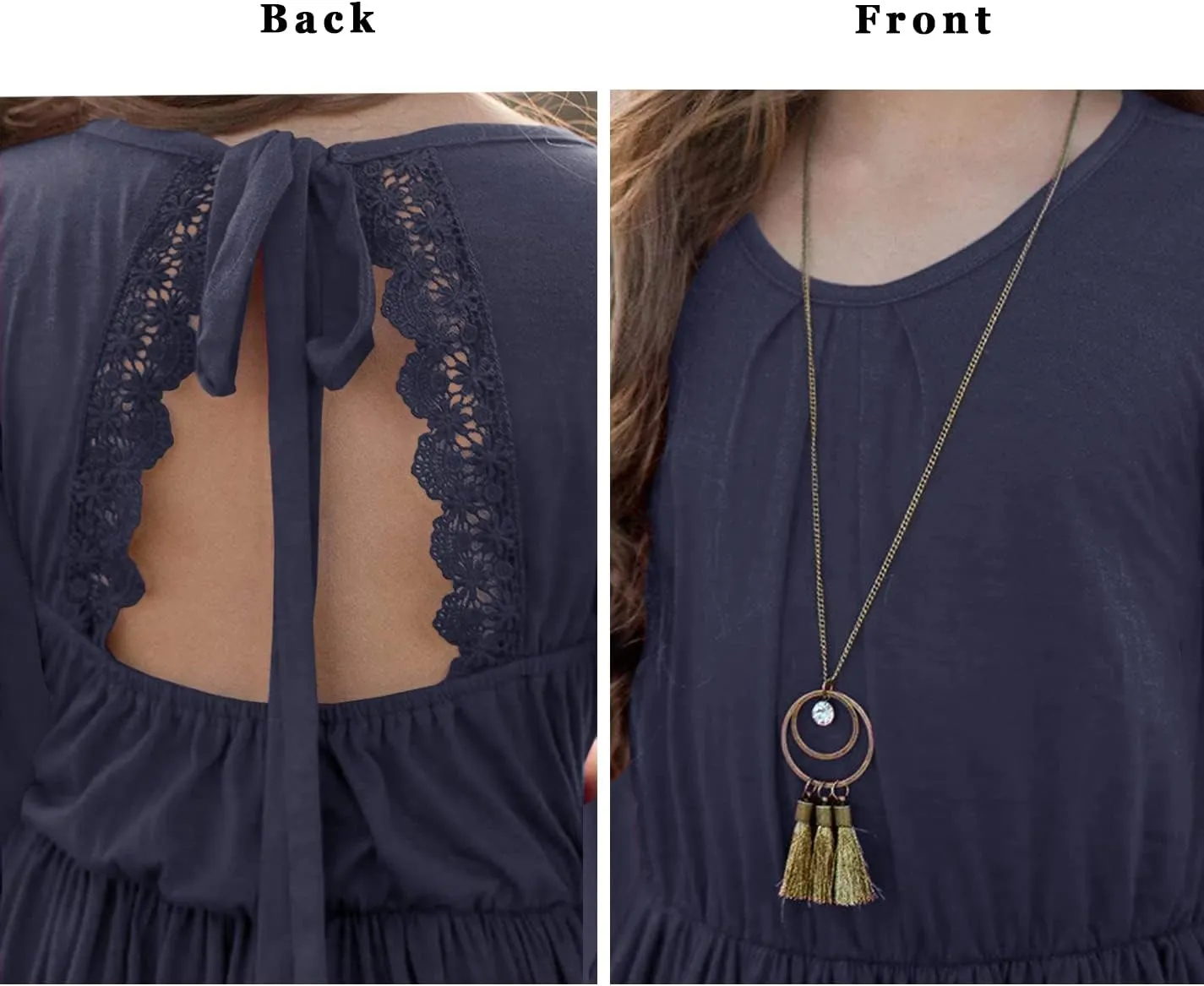 MITILLY Girls Boho Lace Flower Backless Crew Neck Long Sleeve Ruffle Swing Maxi Dress with Pockets