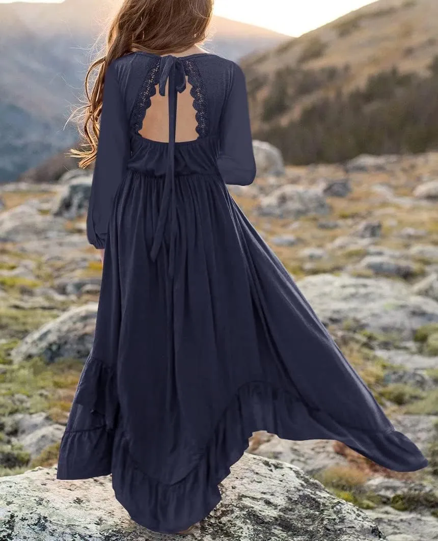 MITILLY Girls Boho Lace Flower Backless Crew Neck Long Sleeve Ruffle Swing Maxi Dress with Pockets