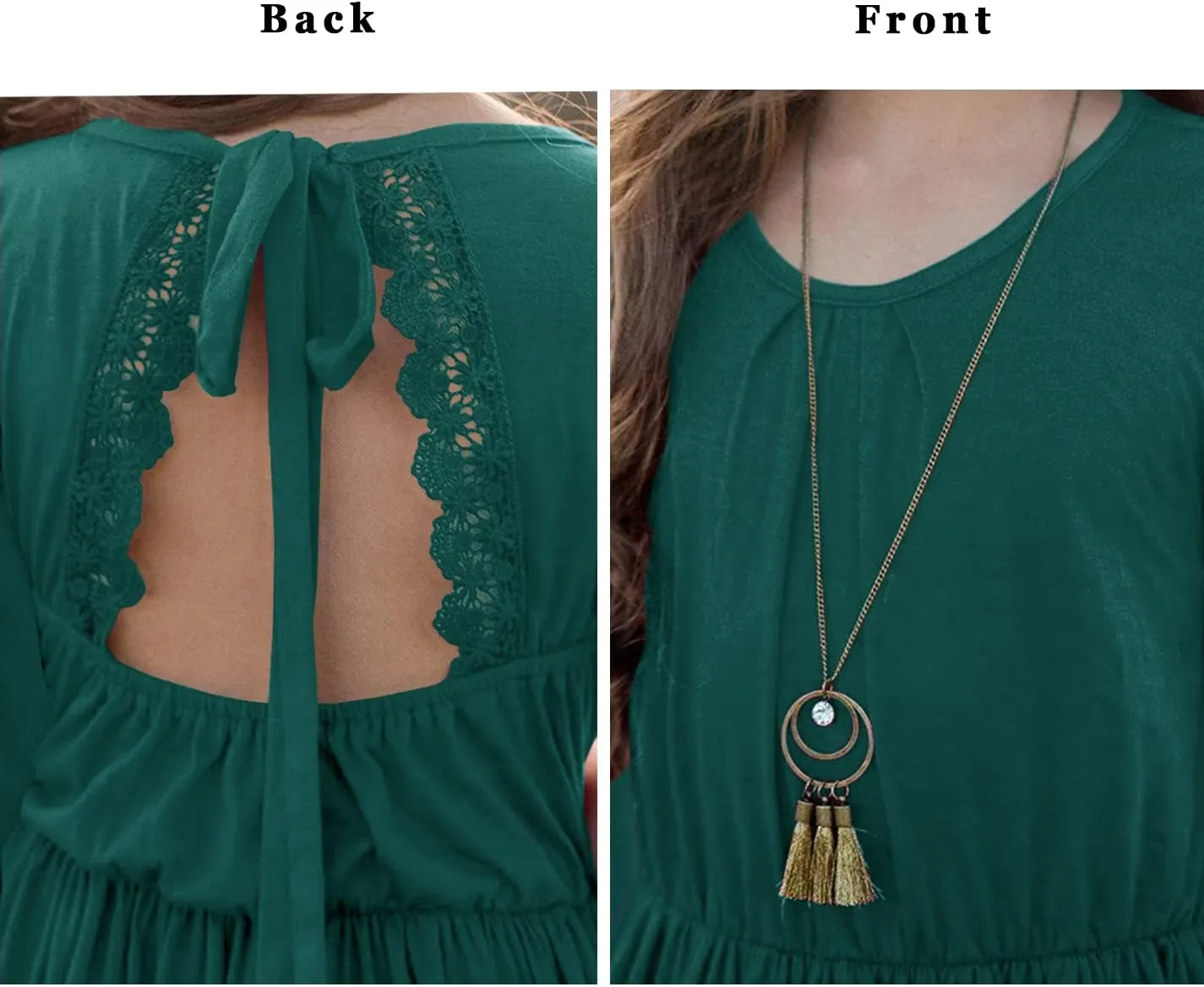 MITILLY Girls Boho Lace Flower Backless Crew Neck Long Sleeve Ruffle Swing Maxi Dress with Pockets