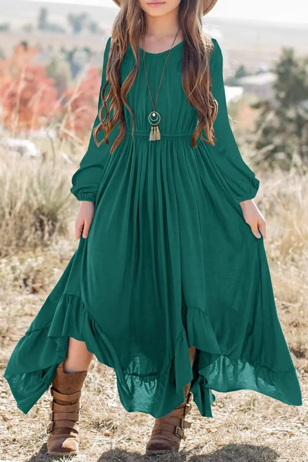 MITILLY Girls Boho Lace Flower Backless Crew Neck Long Sleeve Ruffle Swing Maxi Dress with Pockets