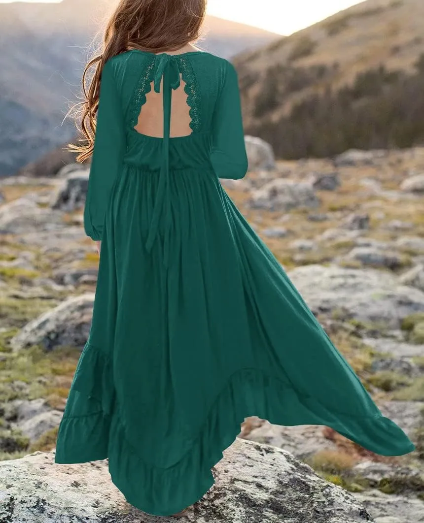 MITILLY Girls Boho Lace Flower Backless Crew Neck Long Sleeve Ruffle Swing Maxi Dress with Pockets