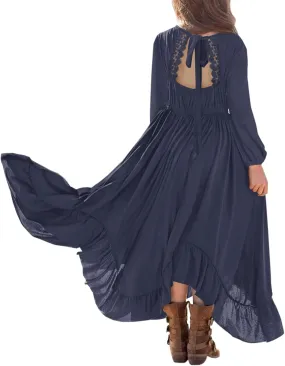 MITILLY Girls Boho Lace Flower Backless Crew Neck Long Sleeve Ruffle Swing Maxi Dress with Pockets