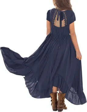 MITILLY Girls Boho Lace Flower Backless Crew Neck Long Sleeve Ruffle Swing Maxi Dress with Pockets