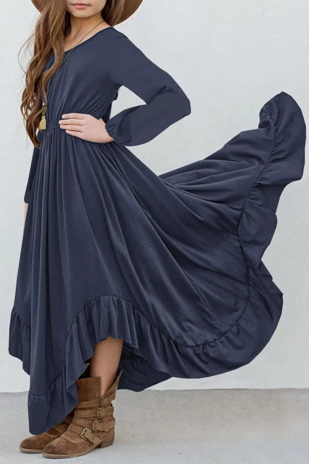 MITILLY Girls Boho Lace Flower Backless Crew Neck Long Sleeve Ruffle Swing Maxi Dress with Pockets