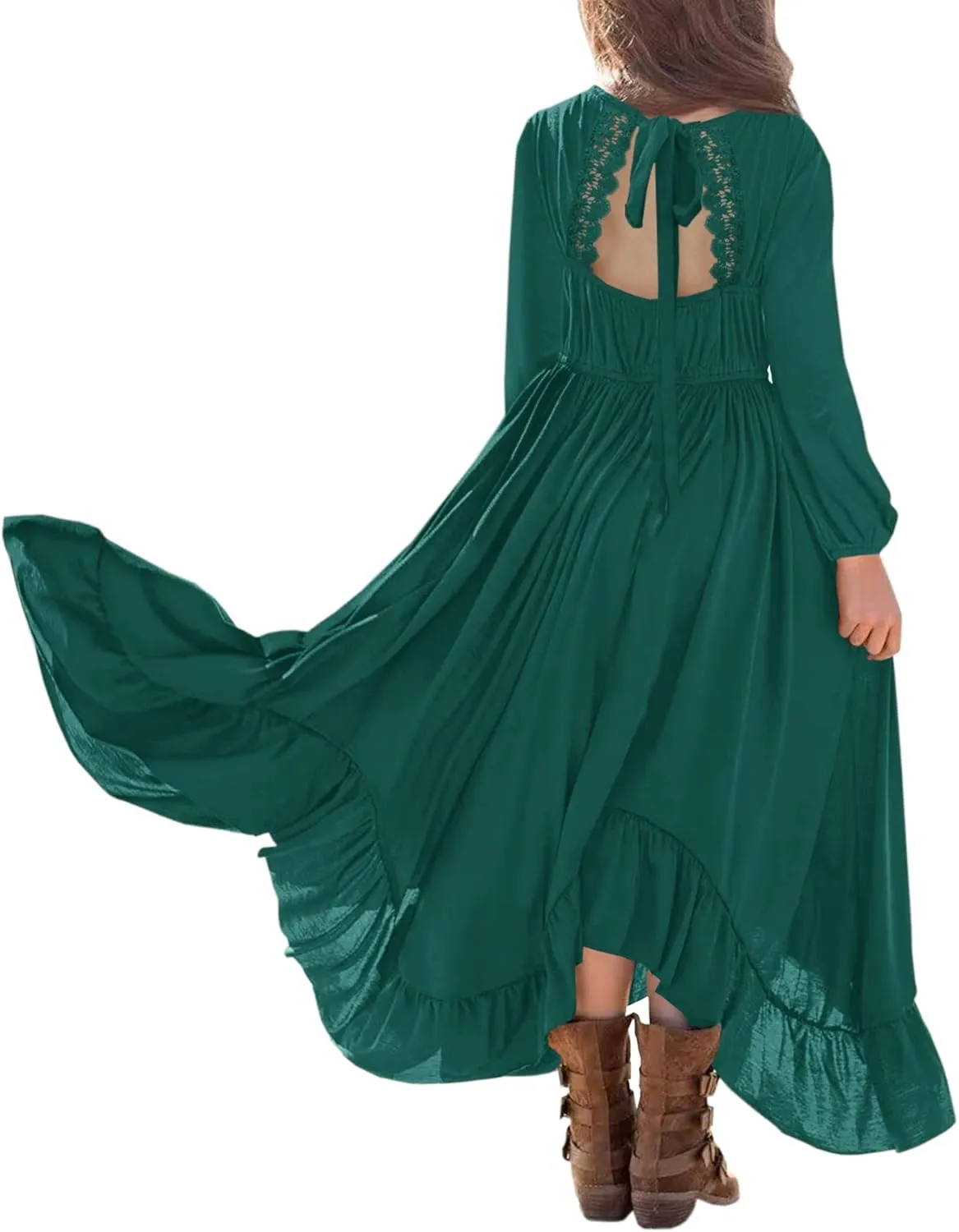 MITILLY Girls Boho Lace Flower Backless Crew Neck Long Sleeve Ruffle Swing Maxi Dress with Pockets