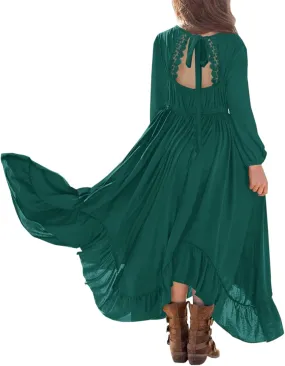 MITILLY Girls Boho Lace Flower Backless Crew Neck Long Sleeve Ruffle Swing Maxi Dress with Pockets