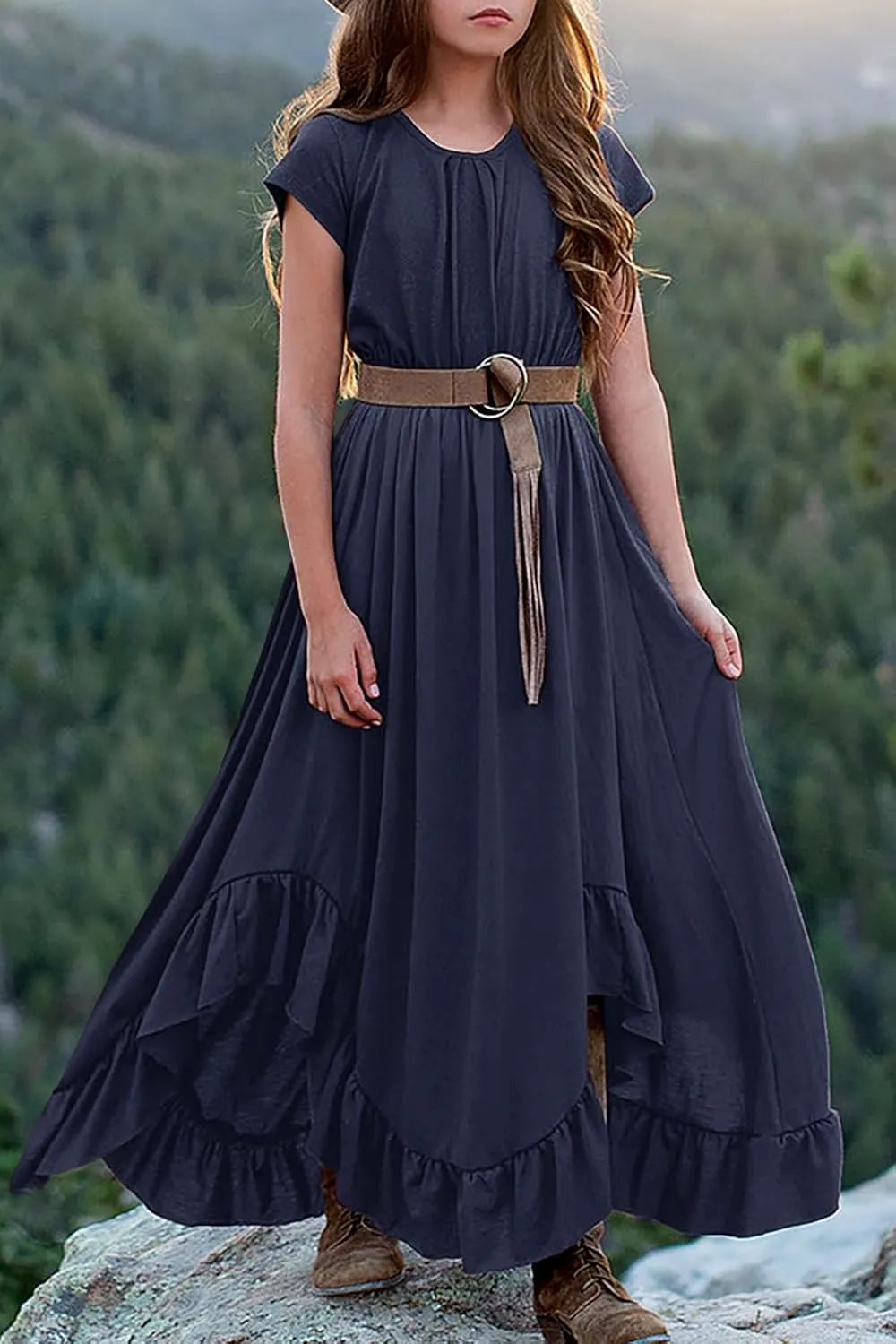 MITILLY Girls Boho Lace Flower Backless Crew Neck Long Sleeve Ruffle Swing Maxi Dress with Pockets