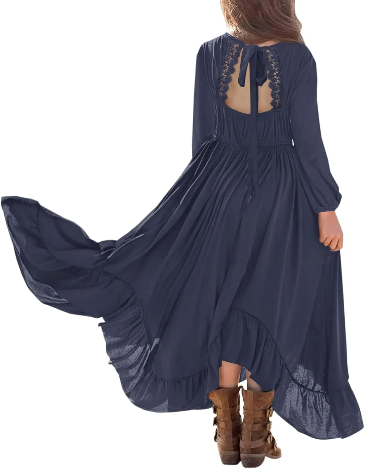 MITILLY Girls Boho Lace Flower Backless Crew Neck Long Sleeve Ruffle Swing Maxi Dress with Pockets