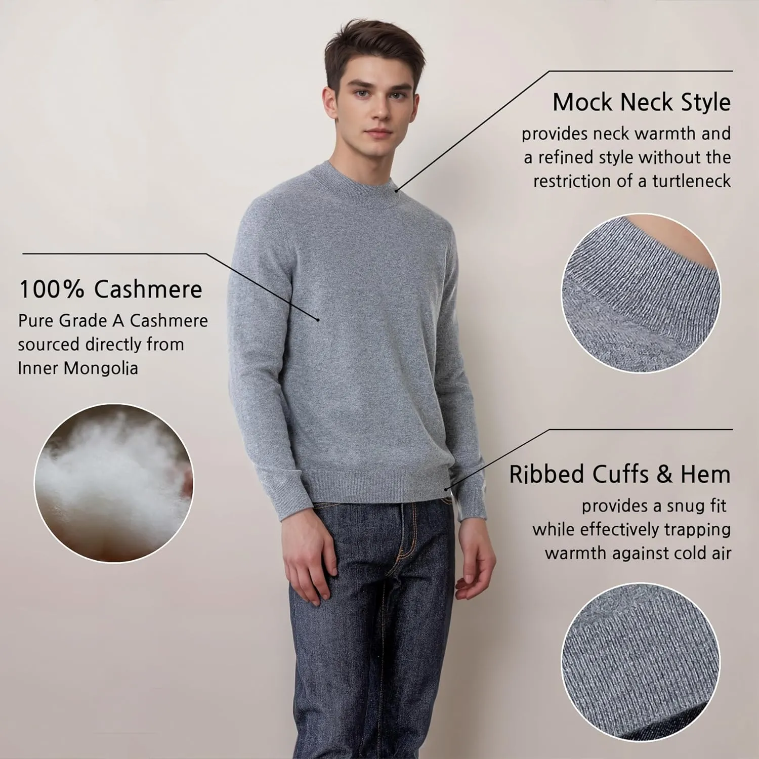 Mongolian Cashmere Mock Neck Sweater for Men - 100% Pure Cashmere Crewneck Casual Sweater