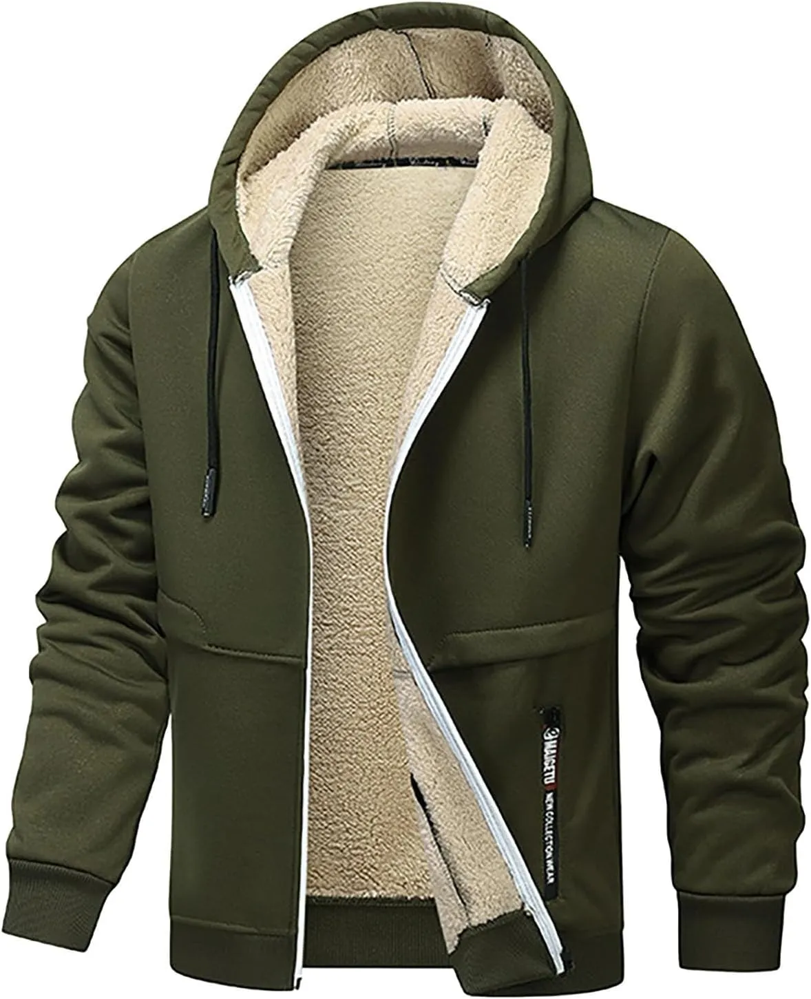 Plush Hooded Jacket Coat for Men Thickened Warm Zipper Drawstring Long Sleeve Coat Casual Soft Jacket with Pockets