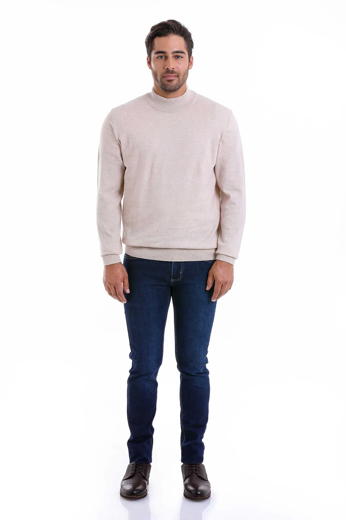 Regular Fit 100% Cotton Beige Mock Neck Sweater