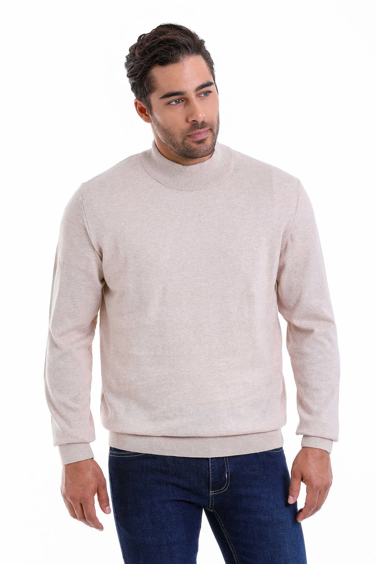 Regular Fit 100% Cotton Beige Mock Neck Sweater