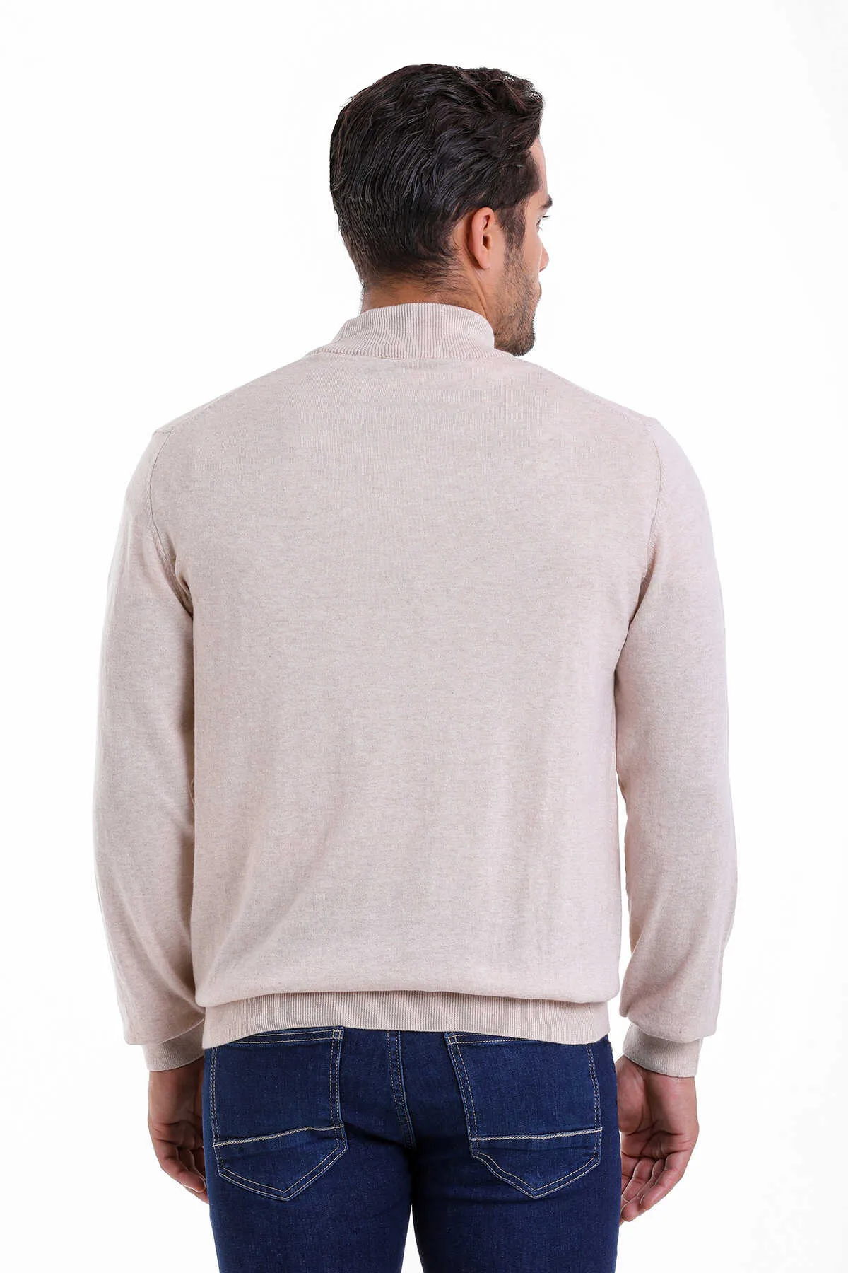 Regular Fit 100% Cotton Beige Mock Neck Sweater