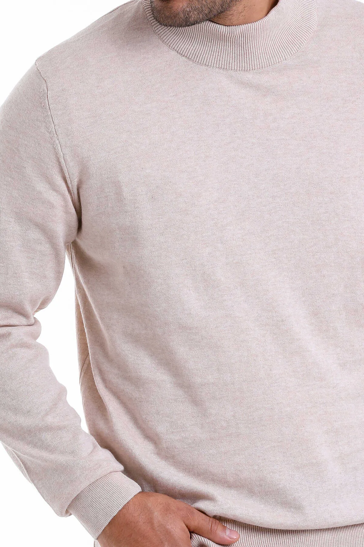 Regular Fit 100% Cotton Beige Mock Neck Sweater