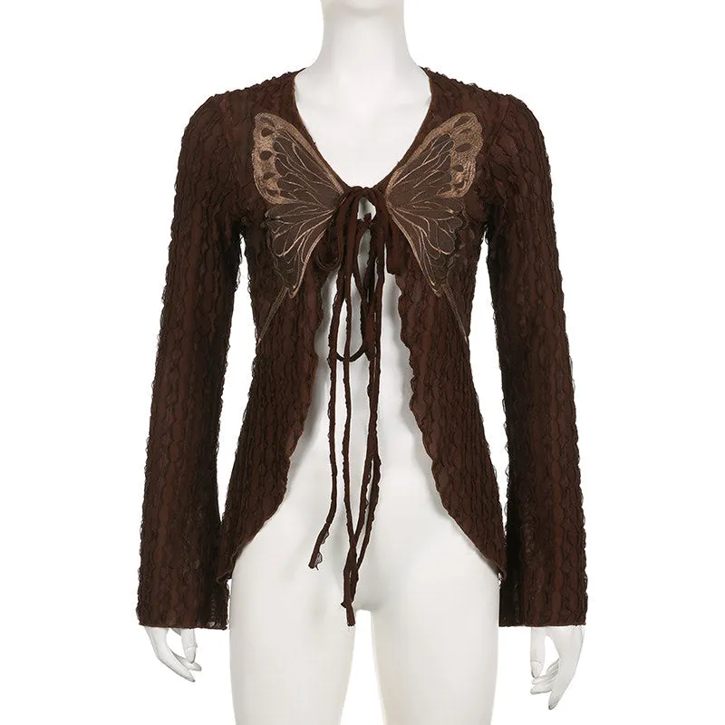 Retro Butterfly Lace Patch Knit Top Lace-up Cardigan