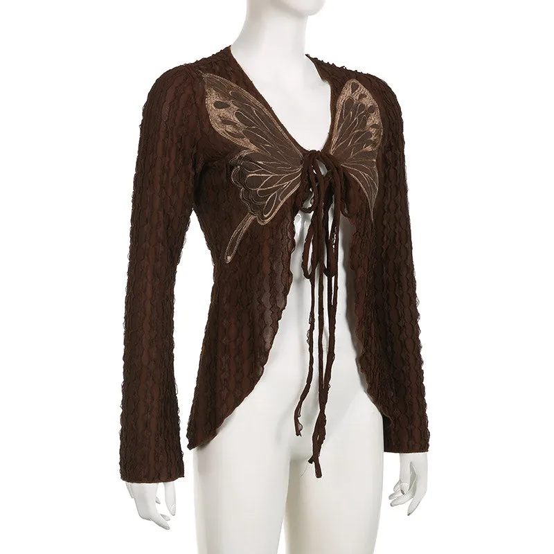 Retro Butterfly Lace Patch Knit Top Lace-up Cardigan