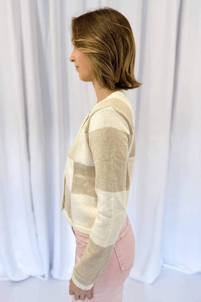Round Neck Checker Cardi in Taupe
