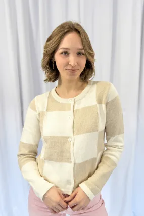 Round Neck Checker Cardi in Taupe