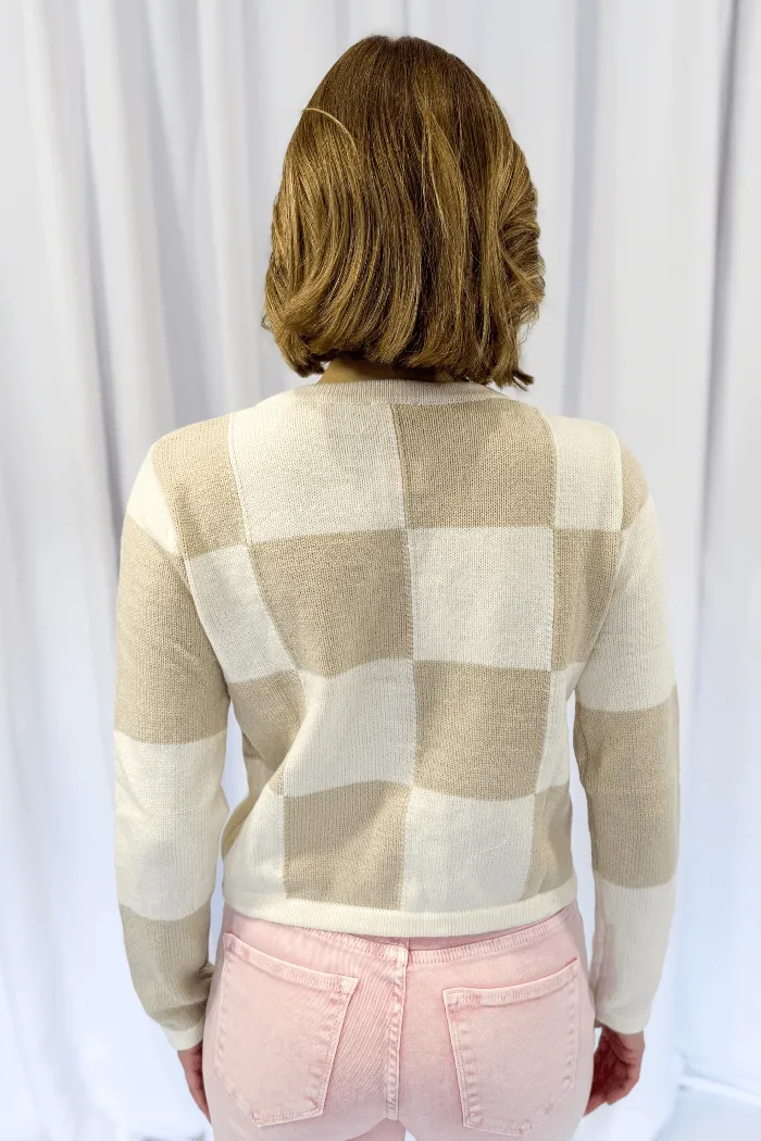 Round Neck Checker Cardi in Taupe