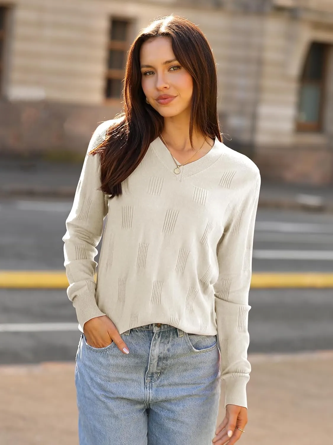 siliteelon Womens Sweater Long Sleeve Shirt V Neck Knit Sweater Work Casual Blouses Tops Lightweight Sweater Shirts