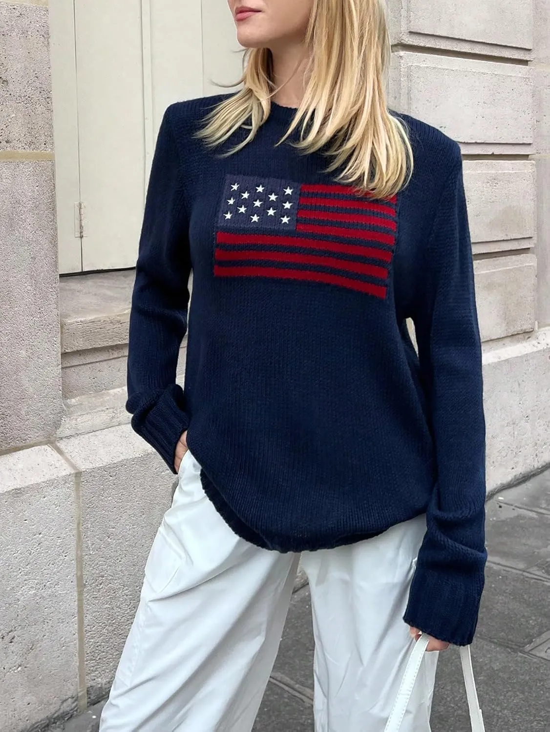 SweatyRocks Women's Flag Pattern Long Sleeve Round Neck Sweater Casual Loose Pullover Sweater