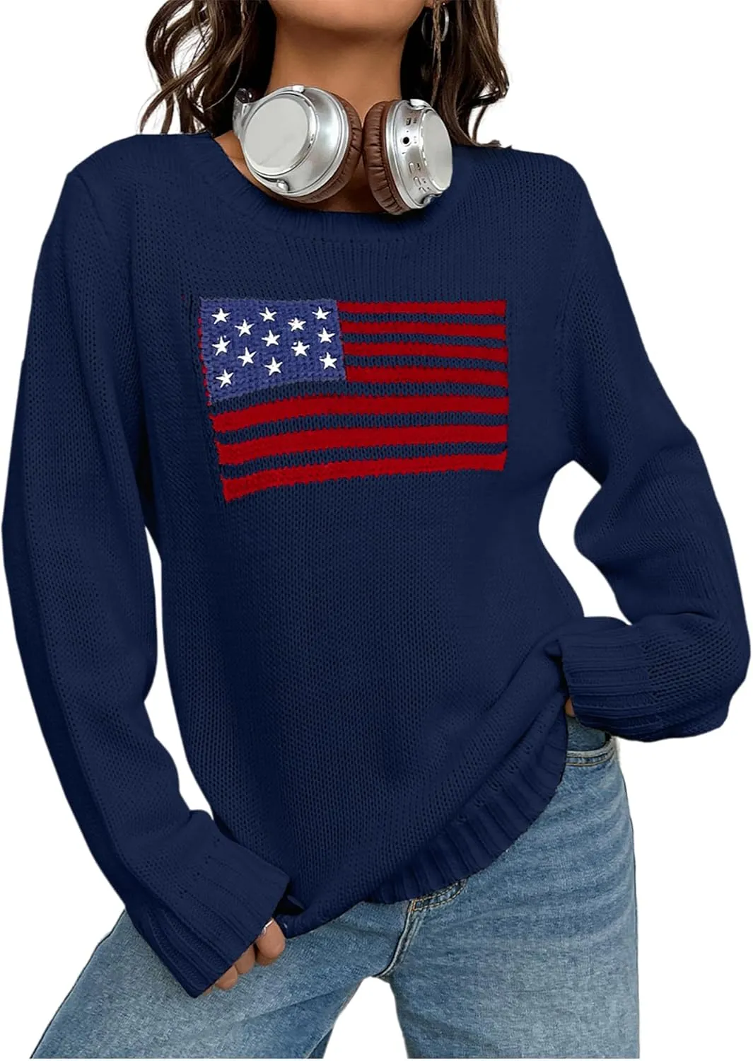 SweatyRocks Women's Flag Pattern Long Sleeve Round Neck Sweater Casual Loose Pullover Sweater