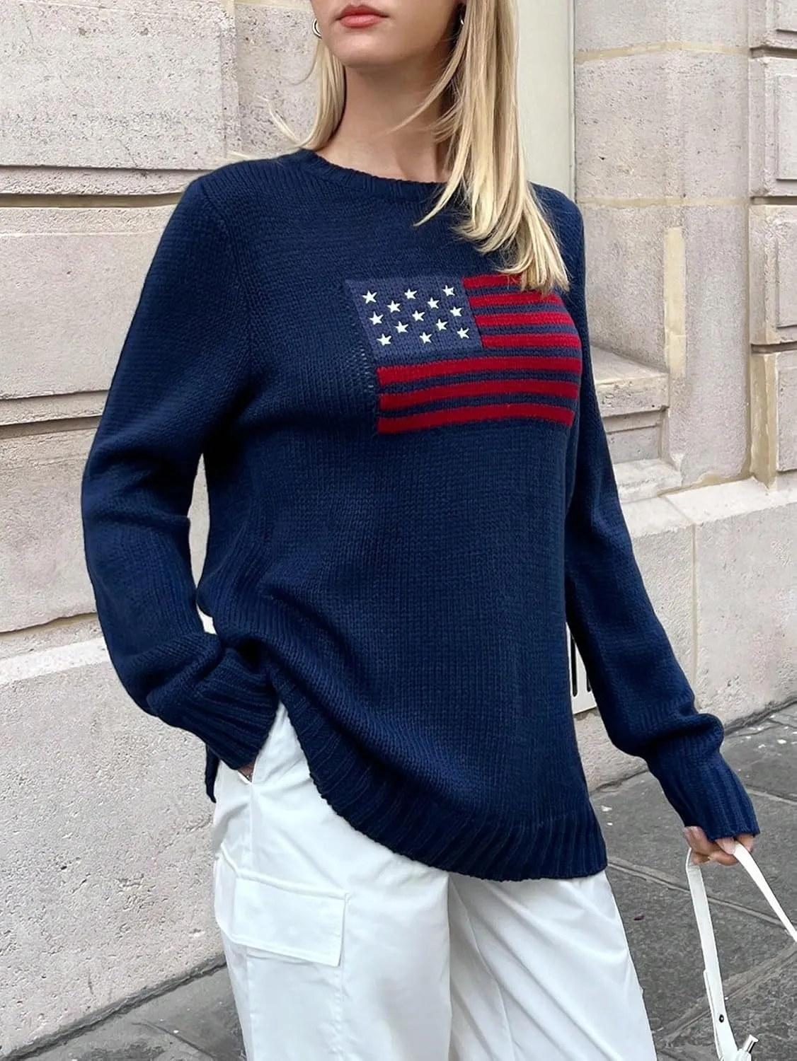 SweatyRocks Women's Flag Pattern Long Sleeve Round Neck Sweater Casual Loose Pullover Sweater