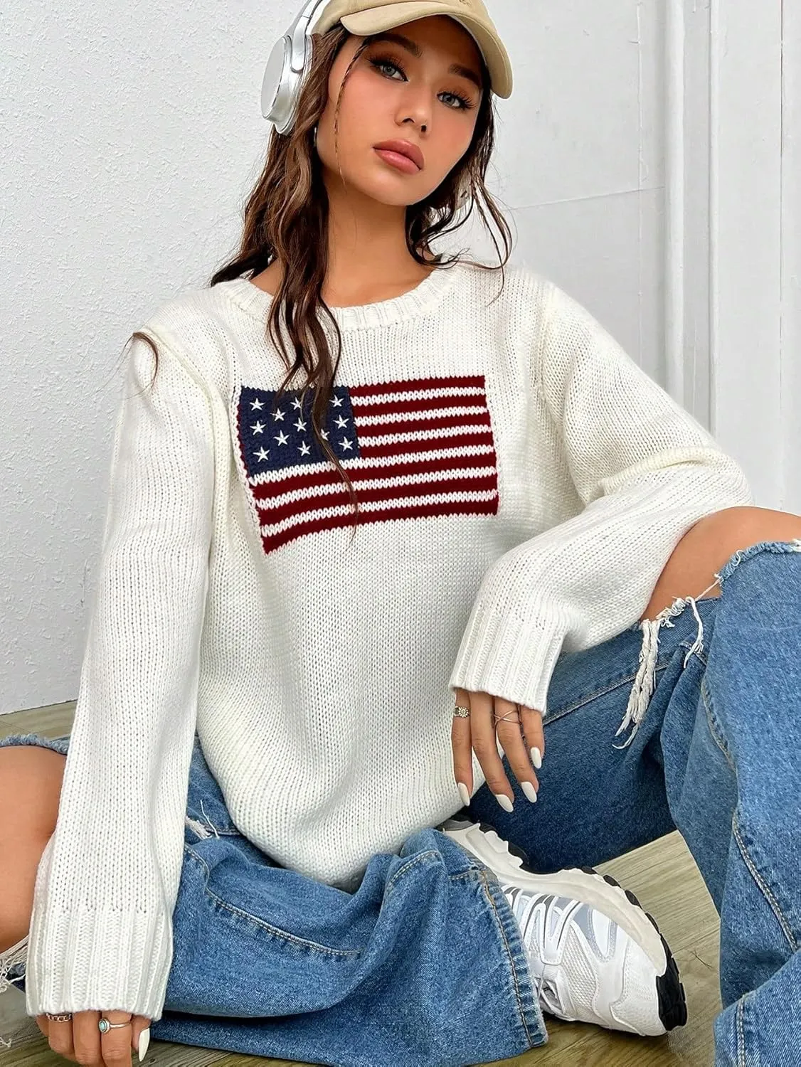 SweatyRocks Women's Flag Pattern Long Sleeve Round Neck Sweater Casual Loose Pullover Sweater